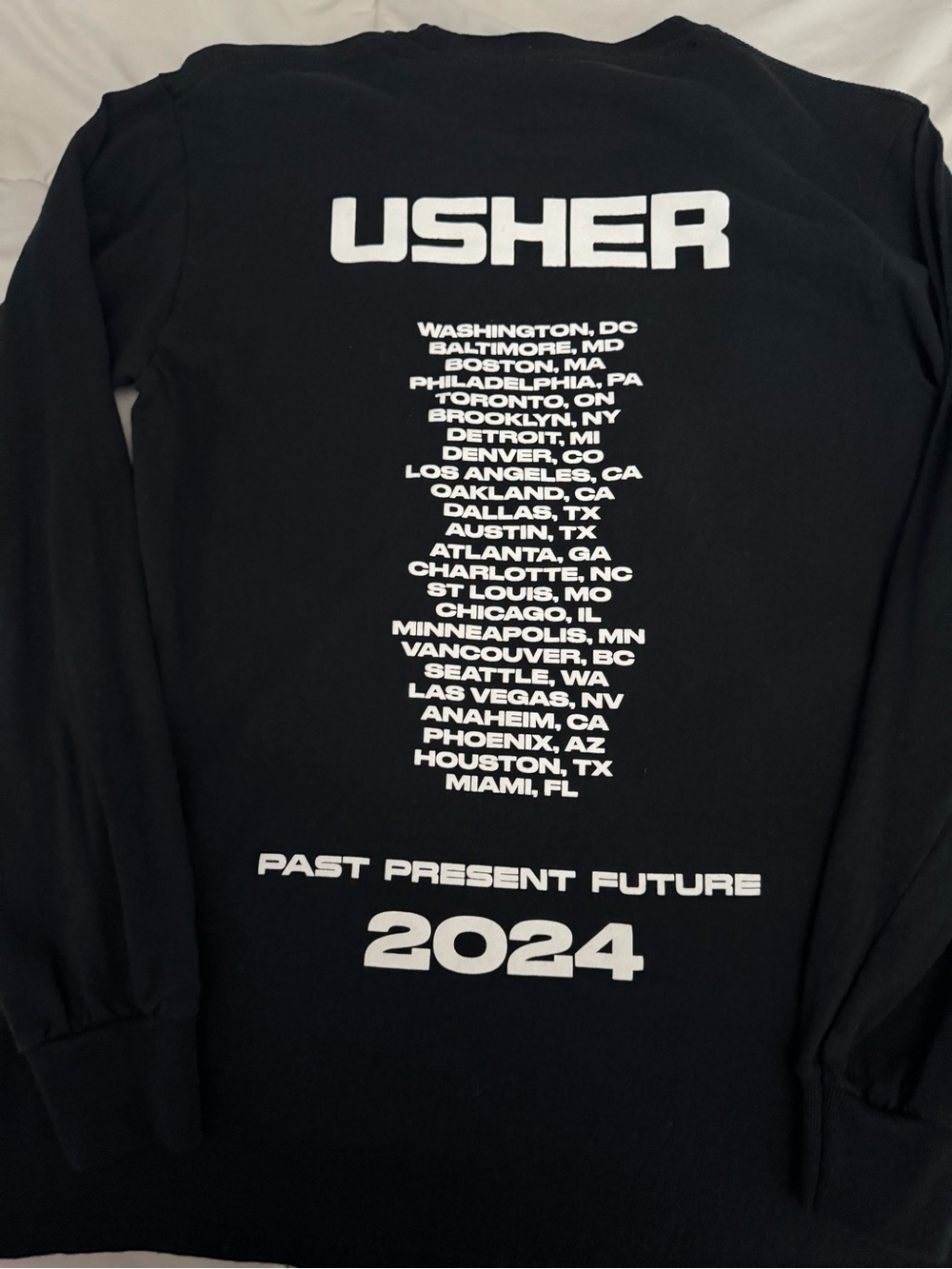 Usher Black Crewneck Long Sleeve Shirt with White Tour Print. Adult S